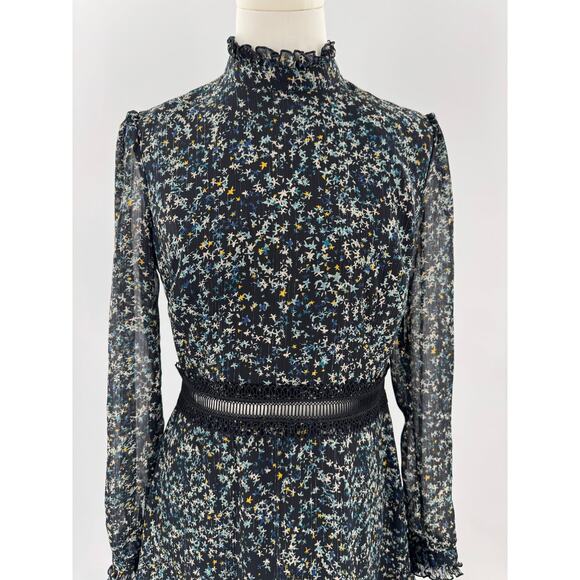 Donna Morgan Black Star Long Sleeve Ruffle Dress Knee Length Small 6 Cottagecore - Picture 2 of 13